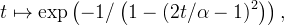 t \mapsto \exp\left(-1/\left(1-(2t/\alpha -1)^2\right)\right),