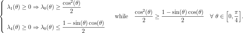 
\left\{
\begin{array}{l}
\lambda_1(\theta) \ge 0 \Rightarrow \lambda_0(\theta) \ge \displaystyle\frac{\cos^2(\theta)}{2}\\
\\
\lambda_4(\theta) \ge 0 \Rightarrow \lambda_0(\theta) \le \displaystyle\frac{1- \sin(\theta)\cos(\theta)}{2}
\end{array}
\right.
\quad \mbox{while} \quad \displaystyle\frac{\cos^2(\theta)}{2}\ge \frac{1- \sin(\theta)\cos(\theta)}{2}
\quad \forall \mbox{ }\theta \in \Bigl[0, \frac{\pi}{4}\Bigr].
